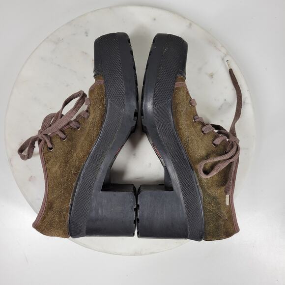 No Parking Oxford Heels Womens 8.5 Green Suede Lace up Utility Chunky Platform - Picture 2 of 14